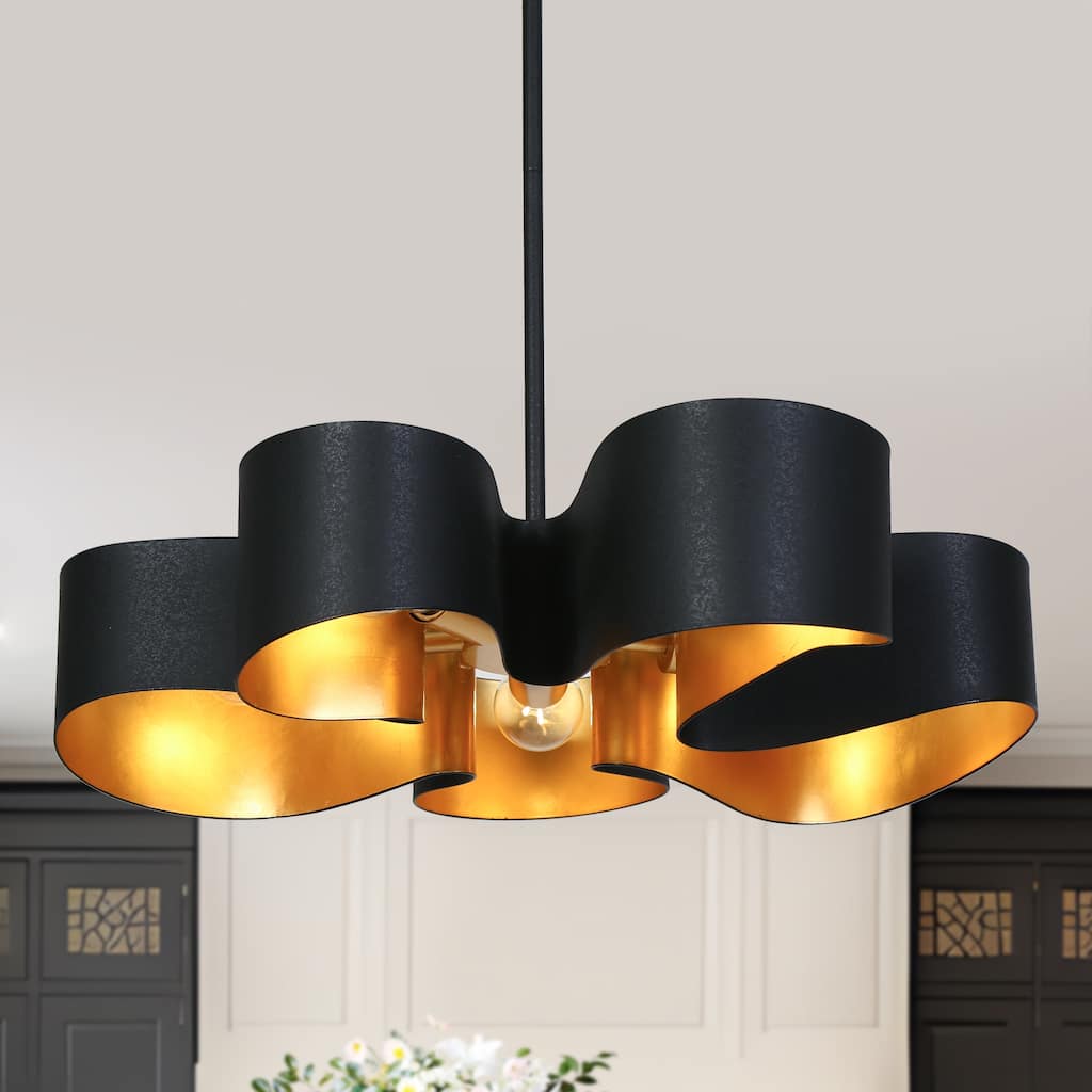 Modern 5-Light Black Gold Chandelier with Artistic Curved Metal Shade - D23.6" x H68.9" Max