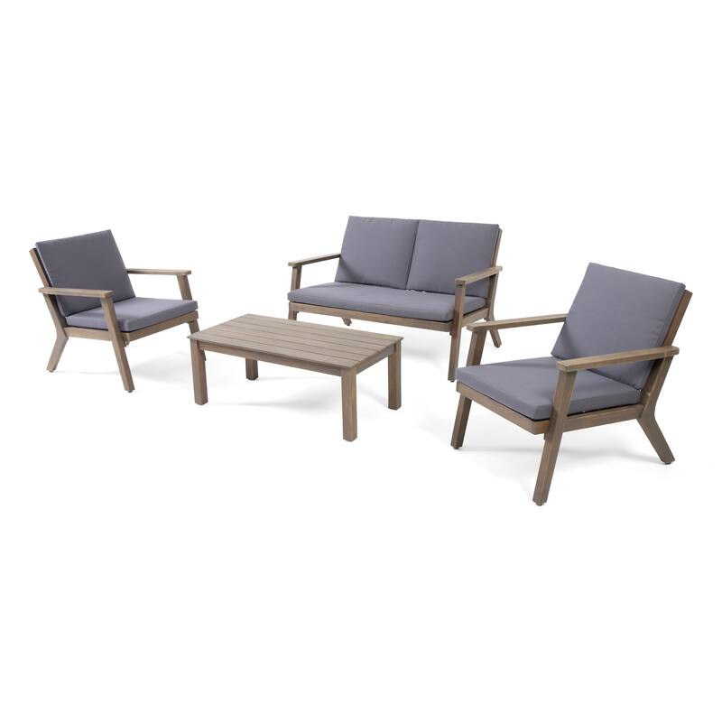 Temecula Outdoor Acacia Wood 4-Seater Chat Set by Christopher Knight Home - Gray Finish + Dark Gray Cushion
