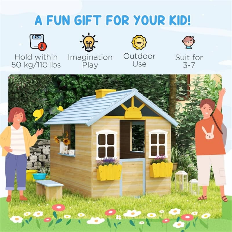 Natural Wood Kids Outdoor Playhouse with Bench Service Station and Flowerpot Holders for Backyard Fun Ages 3 to 7