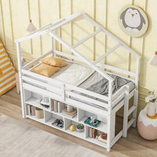 Twin Size House Loft Bed with Roof Frame, Under Bed Shelving Storage Unit, Guardrails and Ladder