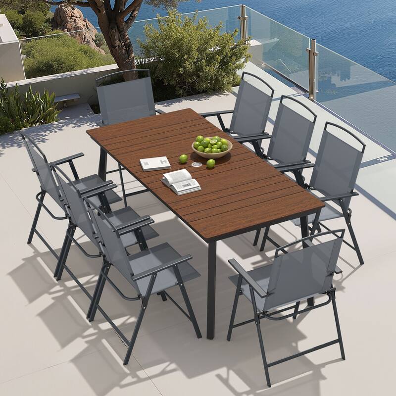 9-Piece Outdoor Dining Set Patio Dining Table with Umbrella Hole and Folding Chairs - Walnut Table with Grey Chairs