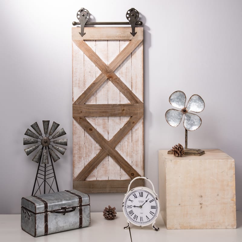 35"H Farmhouse Wooden Barn Doors Window Frame Mirror Wall Decor by Glitzhome