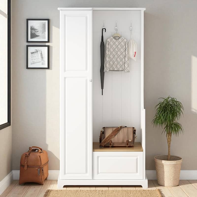 35.6'' Hall Tree with Flip-Up Bench, Adjustable Shelves, Shoe Cabinet & 3 Hooks, Modern Entryway Coat Rack - White