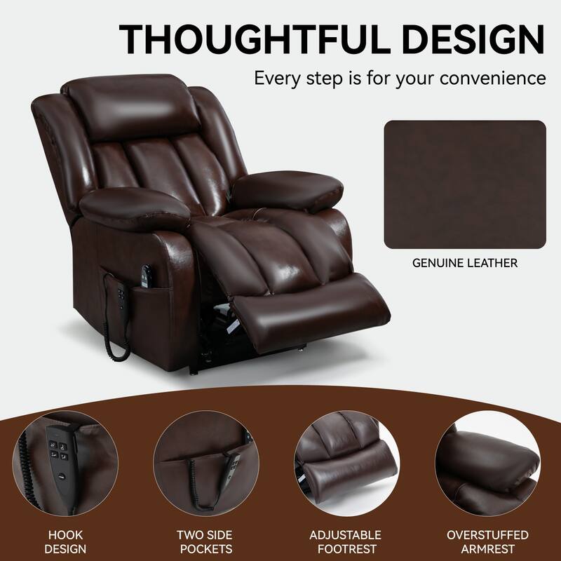 Brown Power Lift Recliner with Dual Motors, 8-Point Vibration Massage, and Heated Lumbar Support