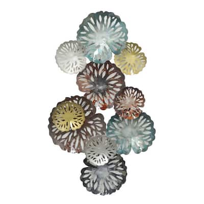 36 Inch Wall Decor, Hanging Piece, Various Size Metal Flowers, Multicolor