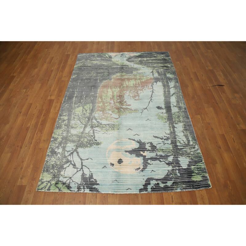 Hand Knotted Oriental Viscose Silk Carpet Modern Pictorial Multi-Colored Abstract Area Rug - 6' 8'' X 4' 6''