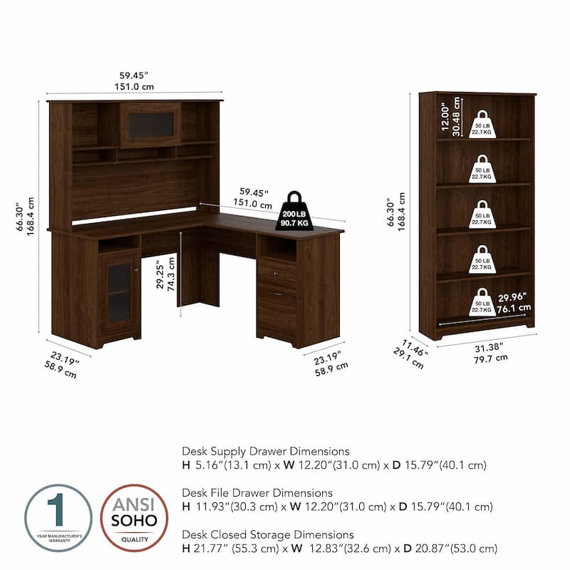 Cabot 60W L-Desk with Hutch and 5 Shelf Bookcase by Bush Furniture