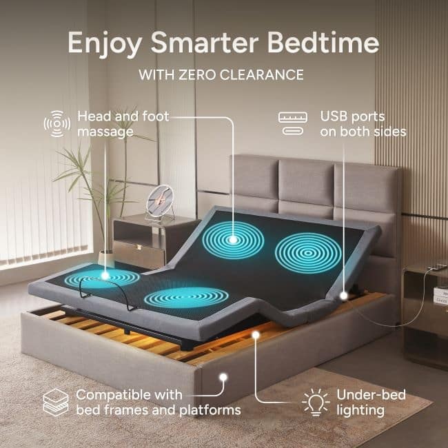 Renanim Adjustable Bed Base with Dual Massage - USB, Under Bed Light, Zero Gravity, App Control, Head and Foot Incline