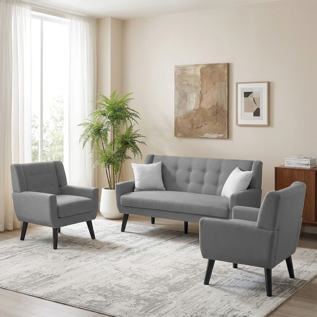 3-Piece Mid-Century Modern Living Room Set with Loveseat and 2 Chairs