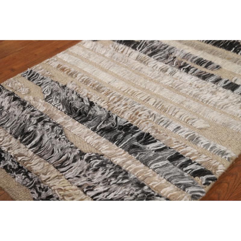 Striped Moroccan Modern Foyer Rug Hand-Knotted Wool Carpet - 2'0"x 3'0"