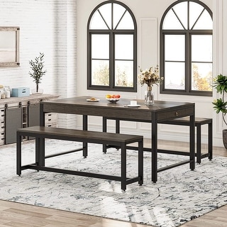 63 Inches 3-piece Large Dining Table Set with 2 Benches - Bed Bath ...