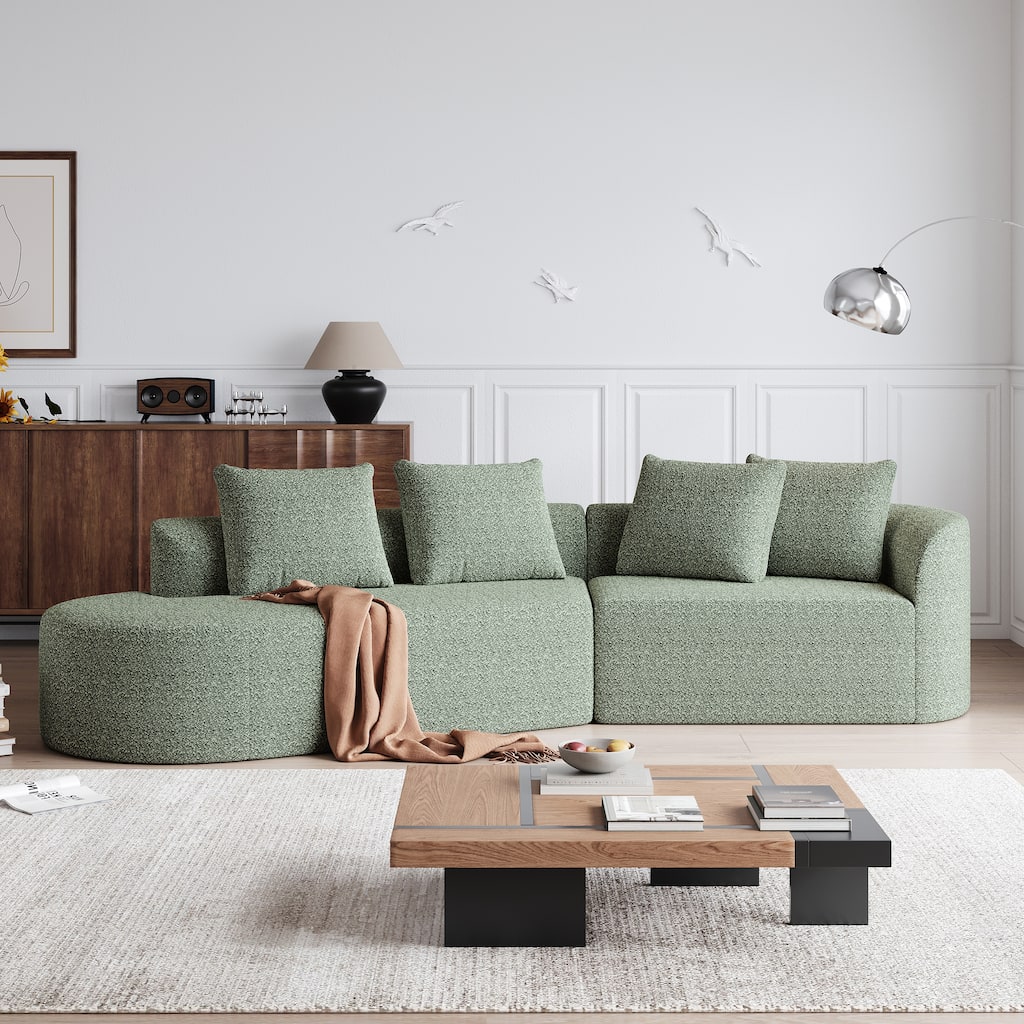 Chenille Upholstered Curved Sectional Sofa with Chaise and Pillows
