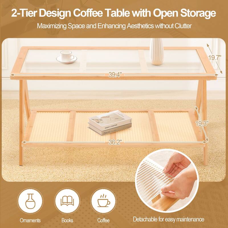 2-Tier Rectangular Coffee Table, Glass Top Sofa Table - 39.4"L x 19.7"W x 19.7"D
