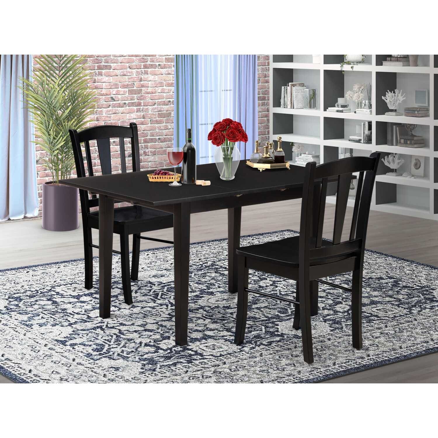 HomeStock 3-Pc Black Finish Rectangular Solid Wood Top with Butterfly Leaf Dining Table Set