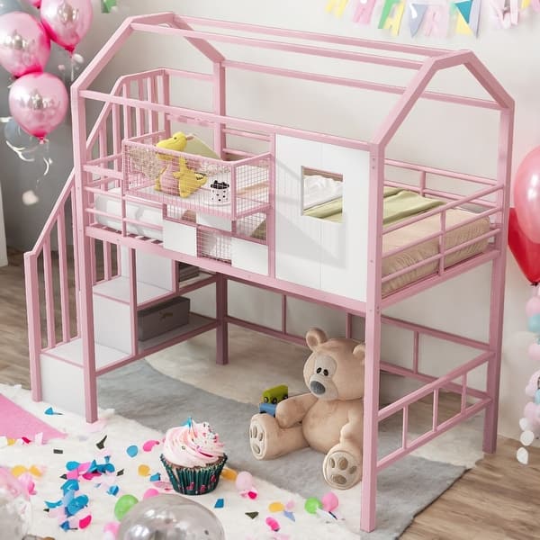 slide 2 of 29, Multi-functional Twin Size Loft Bed with Roof Design and A Storage Box Pink