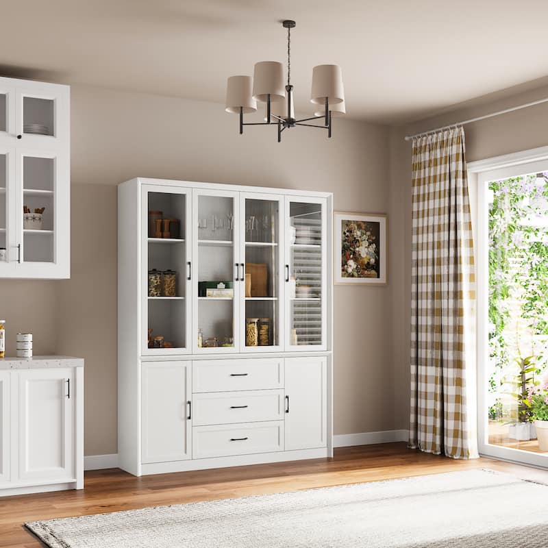 61.8" W Kitchen Pantry Cabinet, Freestanding Cupboard with Glass Doors