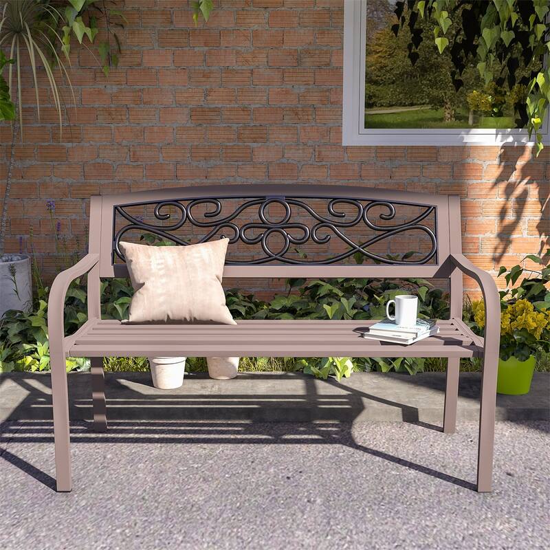 Two Curved Seats Outdoor Garden Bench with Floral Backrest and Steel Frame Armrests - 50" W x 24.4" D x 33.9" H