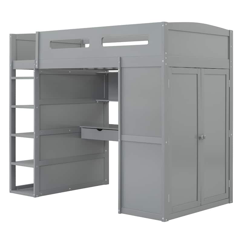Gray Twin Size Solid Wood Loft Bed with Desk, Wardrobes, 4 Drawers and 4 Shelves for Kids, Bedroom