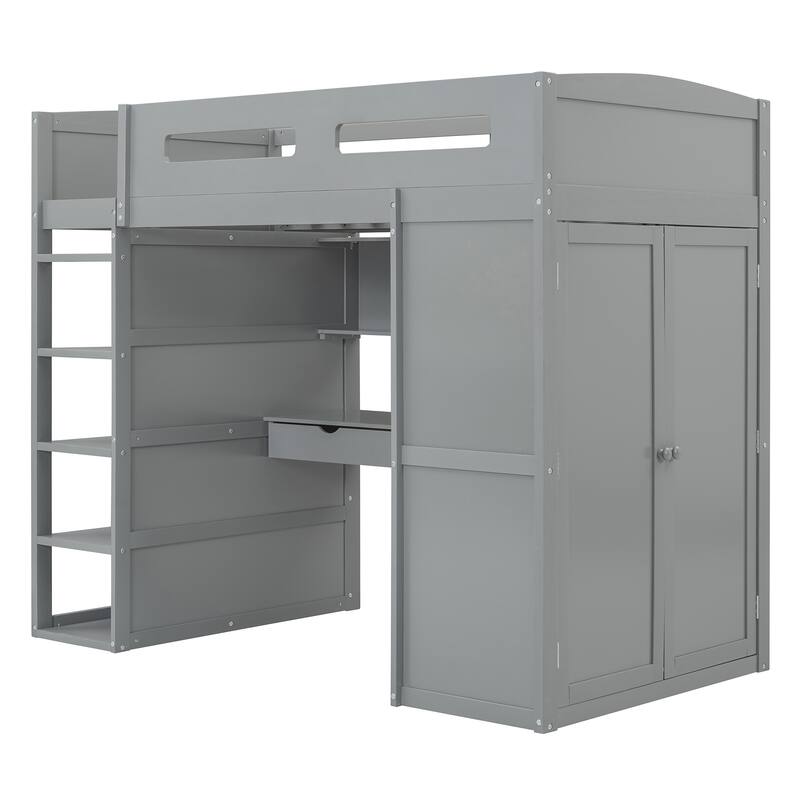Twin Size Solid Wood Loft Bed with Desk, Wardrobes & Drawers