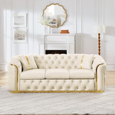 90.6 Inches 3 Seater Velvet Sofa with Gold Stainless Steel Accents and 2 Pillows, Beige