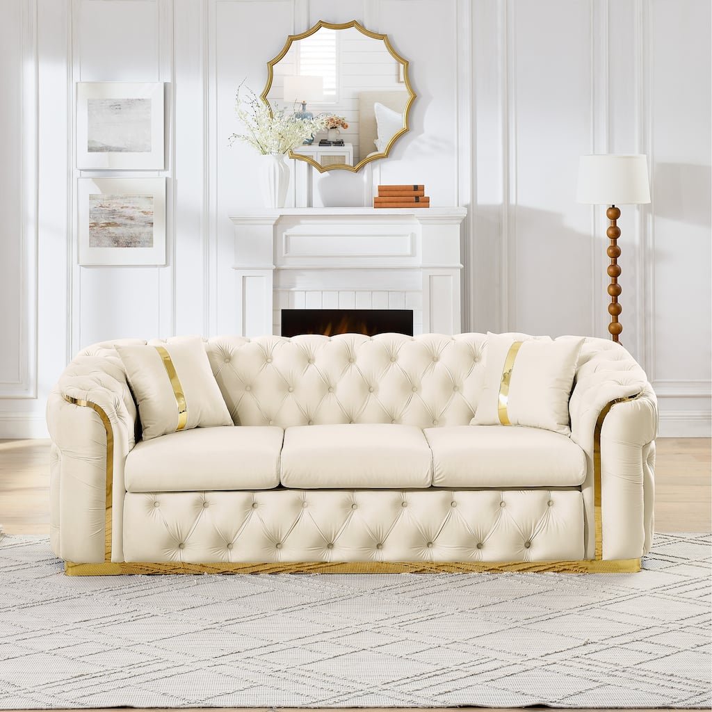 90.6 Inches 3 Seater Velvet Sofa with Gold Stainless Steel Accents and 2 Pillows, Beige