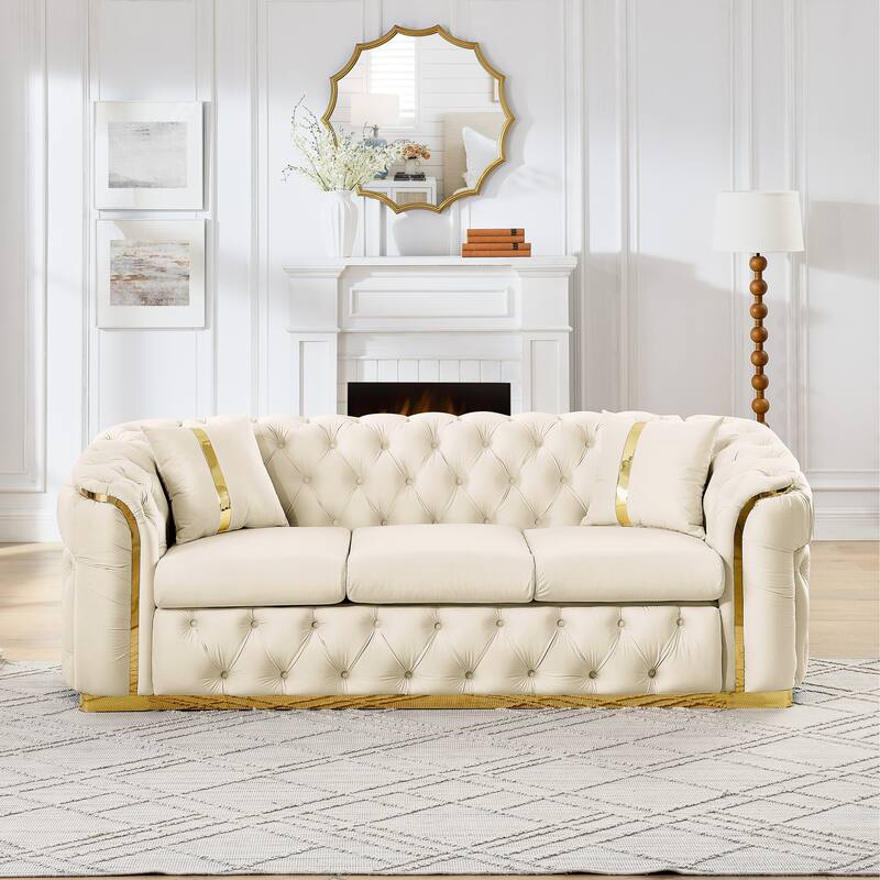 Velvet Button Tufted Sofa Couch With 2 Pillows, 3 Seater Luxury Chesterfield Sofa Set With Gold Stainless Steel Accents
