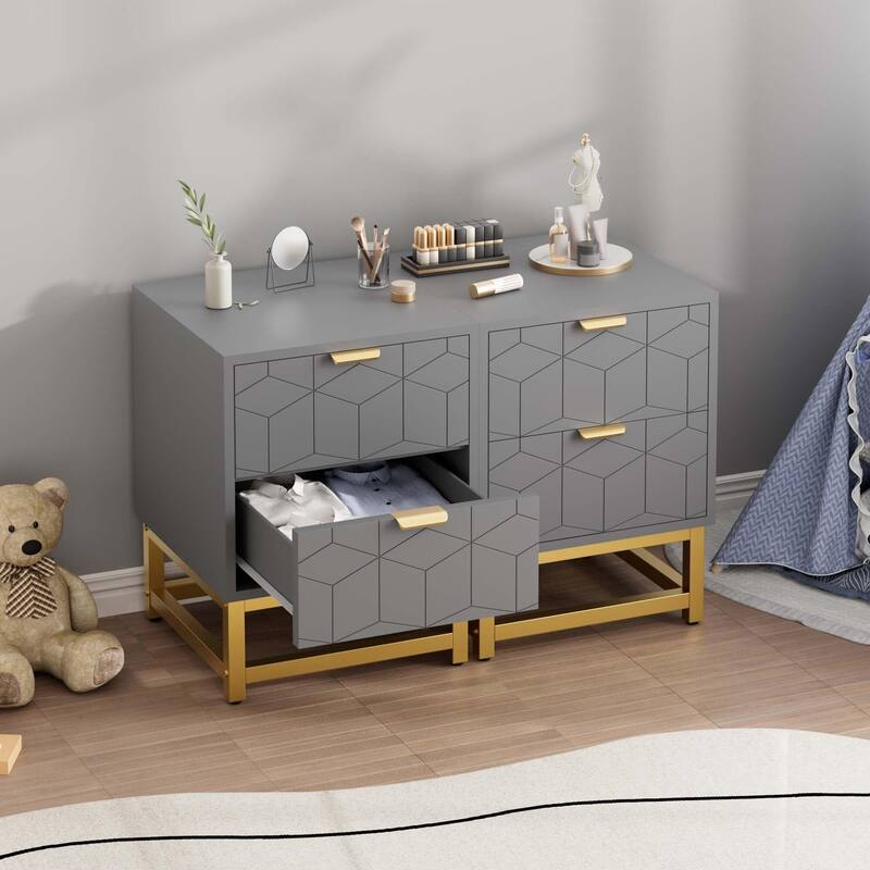2 Drawer Dresser, with Metal Legs and Gold Handles