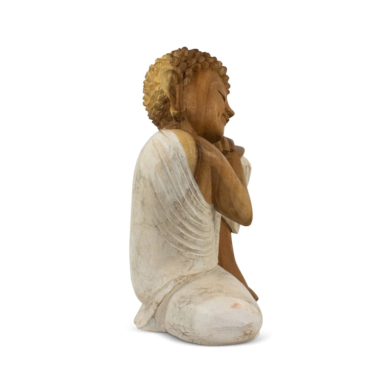 Wood Sleeping Buddha Statue Hand Carved Whitewashed Sculpture, Peaceful Zen Decor