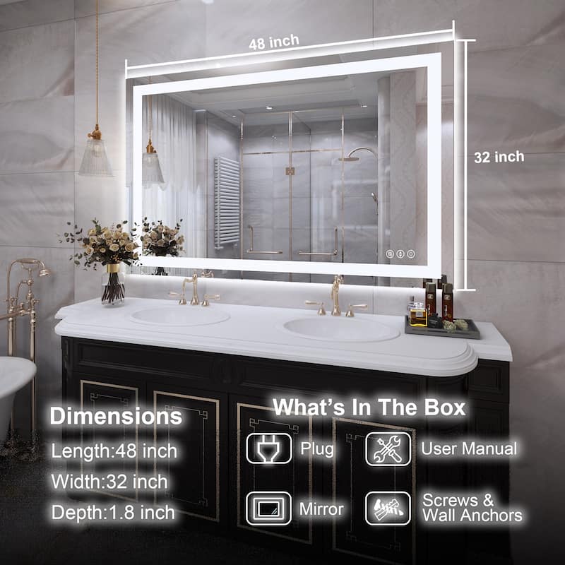 48 in. W x 32 in. H Rectangular Tempered Glass Frameless Anti-Fog Dimmable Wall Mounted Bathroom Vanity Mirror