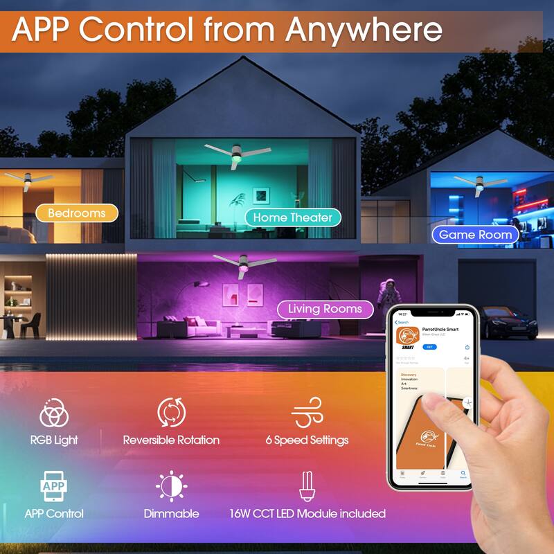 52" Modern Black RGB LED Smart Flush Mount Ceiling Fan with Light and Remote, App Control, Voice Control