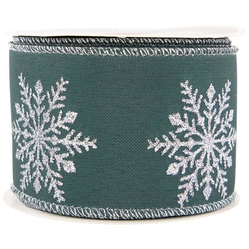 Green with Glitter Snowflakes Wired Craft Christmas Ribbon 2.5" x 10 Yards