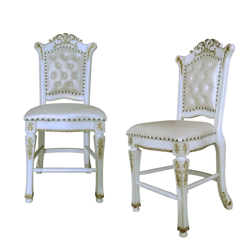 HomeRoots Set of Two 24" Pearl and White Faux Leather and Wood Counter Height Bar Chairs