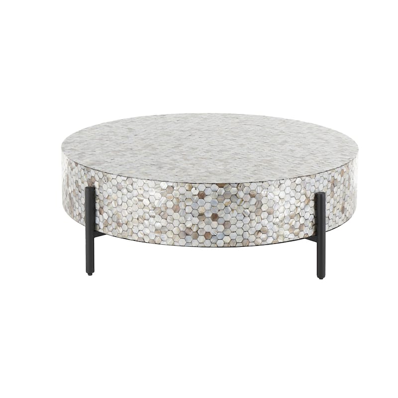 Mother of Pearl Shell Geometric Handmade Round Mosaic Inlay Coffee Table with Black Metal Legs - Roche River Decor