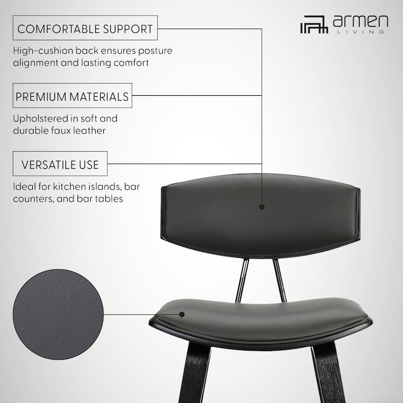 Fox 29" Bar Height Modern Bar Stool, Gray Faux Leather and Black Wood