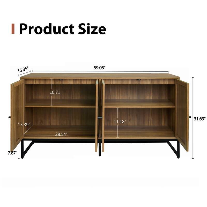Wood Rattan 4-Door Buffet Sideboard With Storage