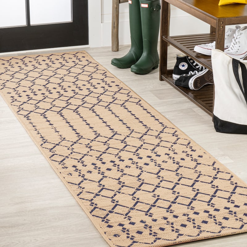 JONATHAN Y Trebol Moroccan Geometric Textured Weave Indoor/Outdoor Area Rug - 2 X 8 - Beige/Navy