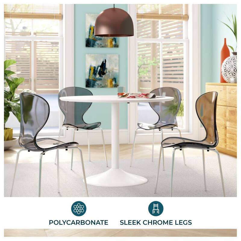 Oyster Modern Stackable Plastic Dining Chair with Curved Backrest and Accent Chrome Legs for Kitchen or Café Use Set of 2