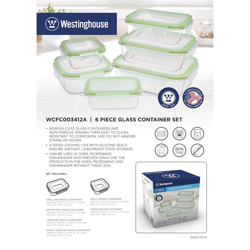 Westinghouse 6-Piece Glass Food Storage Container Set - 320 to 1520ml