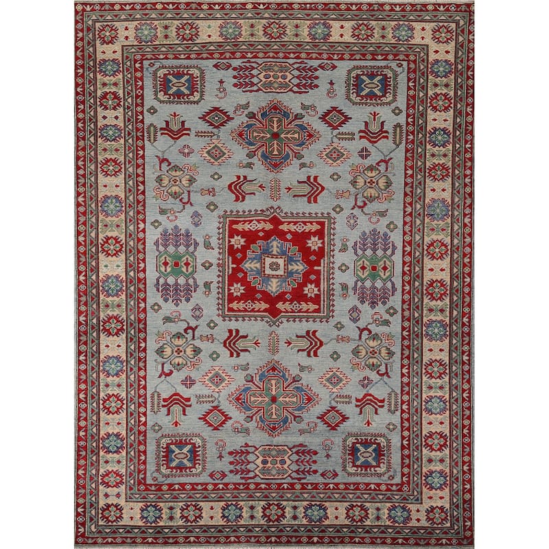 Light Blue Kazak Area Rug Hand-Knotted Dining Room Wool Carpet - 6'7" x 8'7"