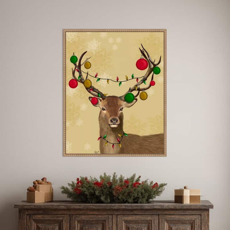 Stag and Baubles by Fab Funky (23 x 28 in.), Framed Canvas Wall Art Print - Sylvie Beaded Rustic Natural