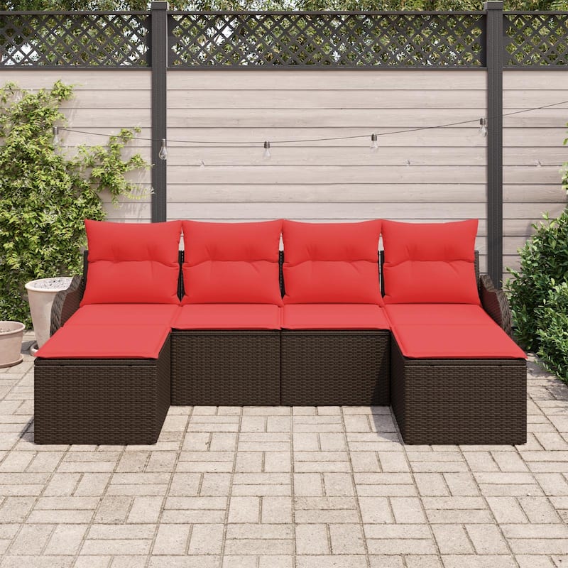 vidaXL 6 Garden Sofa Set with Cushions Black/Brown/Grey Poly Rattan - 90.9 x 24.4 x 27.2