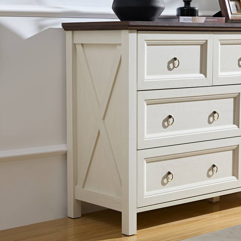Farmhouse Style 7-Drawer Horizontal Dresser with Rustic Wood Wide Finish and Metal Ring Handle
