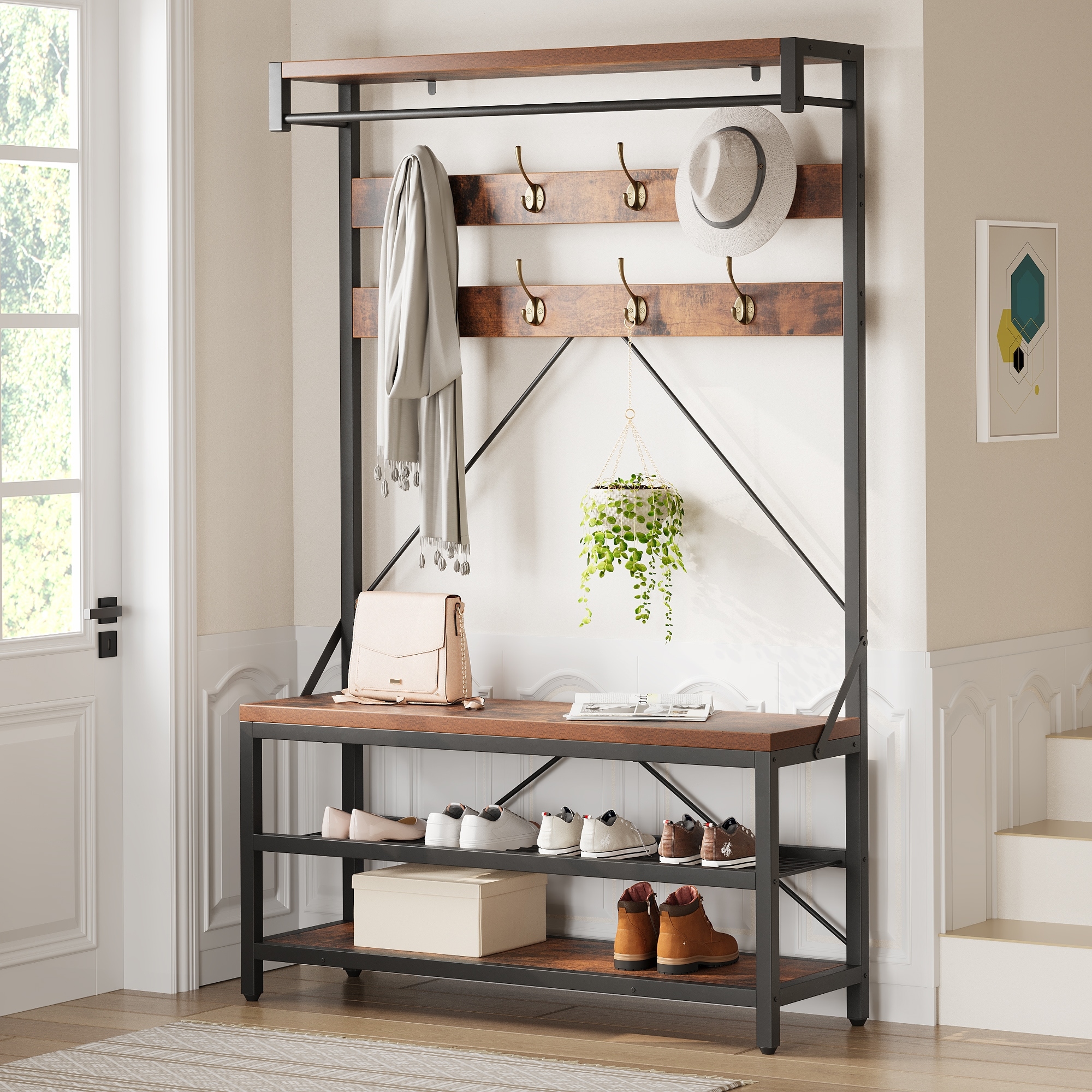 4-in-1 Entryway Bench with Coat Rack with 8 Hooks and 3-Tier