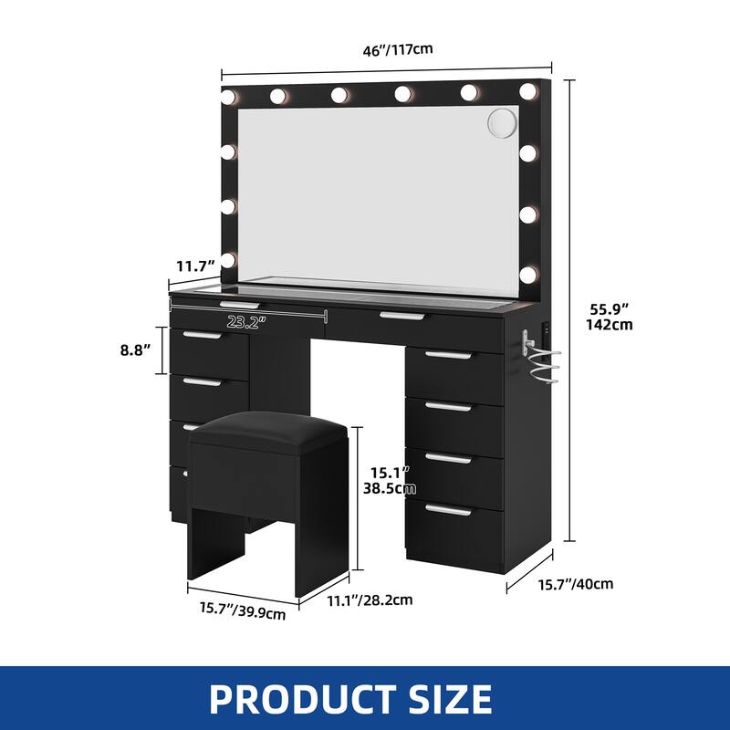 Moasis Mirror and Lights Vanity Desk Makeup Vanity Set with Glass Top and 10-Drawer, Charging Station, Dressing Table