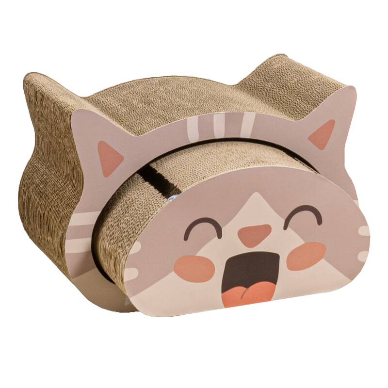 Opal 19" Modern Cardboard Happy Cat Head 2-in-1 Cat Cave Scratcher with Built-In Bell Toys and Catnip, Muted Pink/Cream