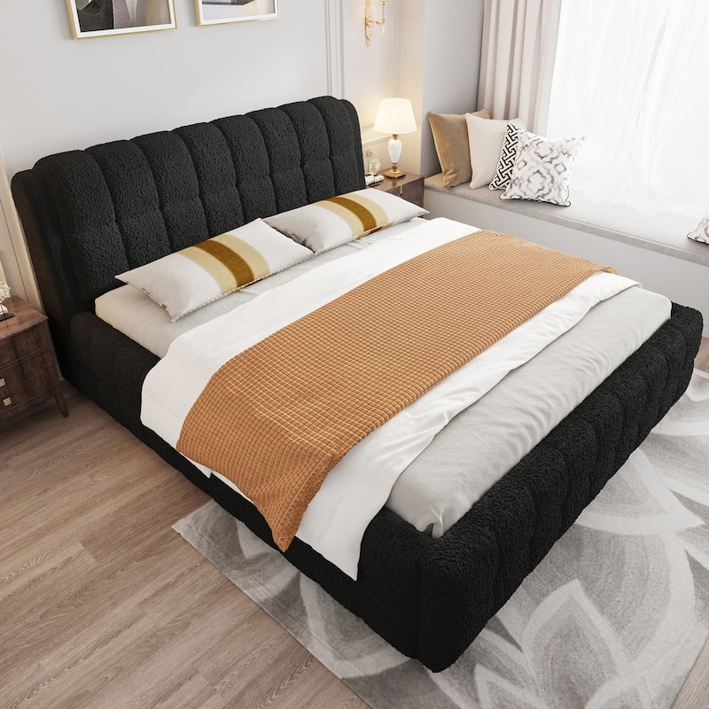 Upholstered Platform Bed with Thick Wingback Headboard and Wood Slat Support - Black - California King