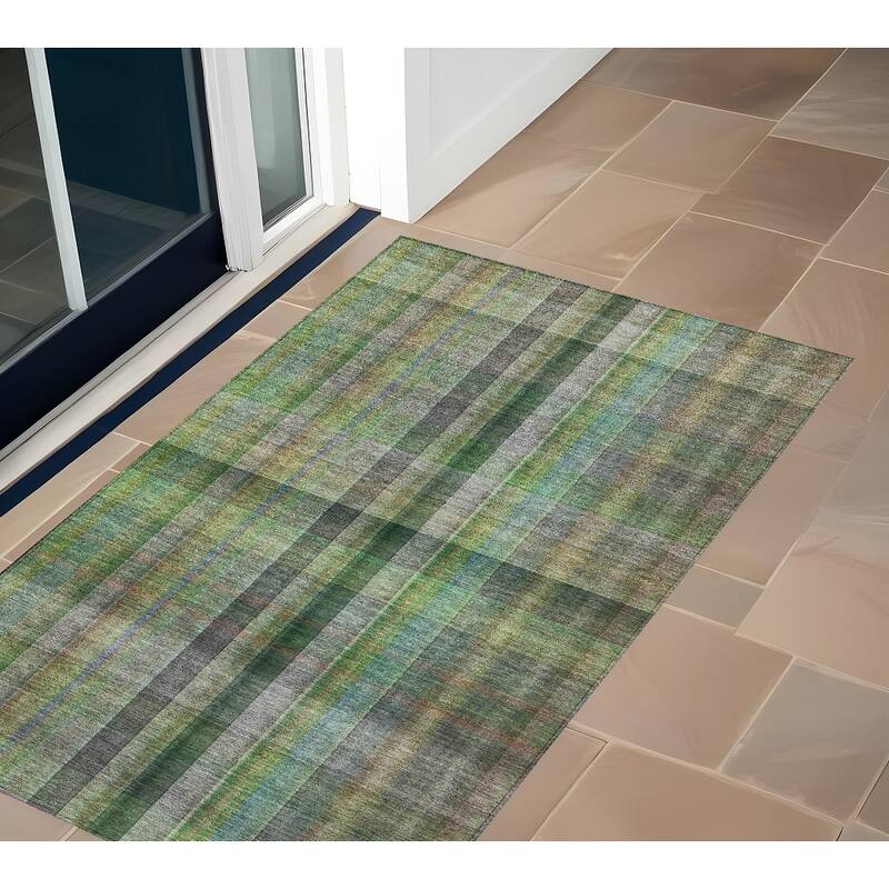 Alloro Plaid Weather Resistant Blended Style Outdoor Rug - 3' x 5' - Green