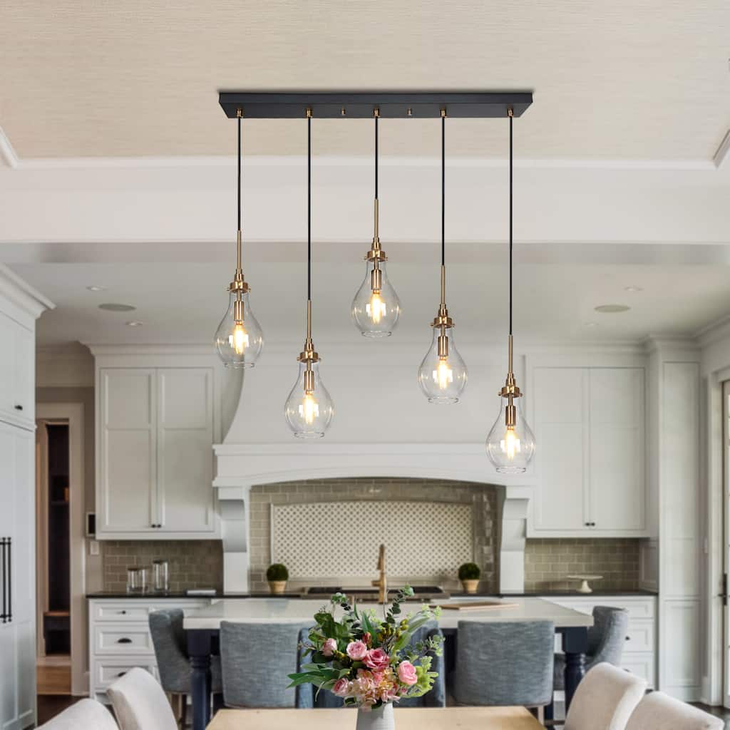 Synia Mid-century Modern Black Gold Linear Chandelier 5-Light Bar Cluster Kitchen Island Light Dining Room