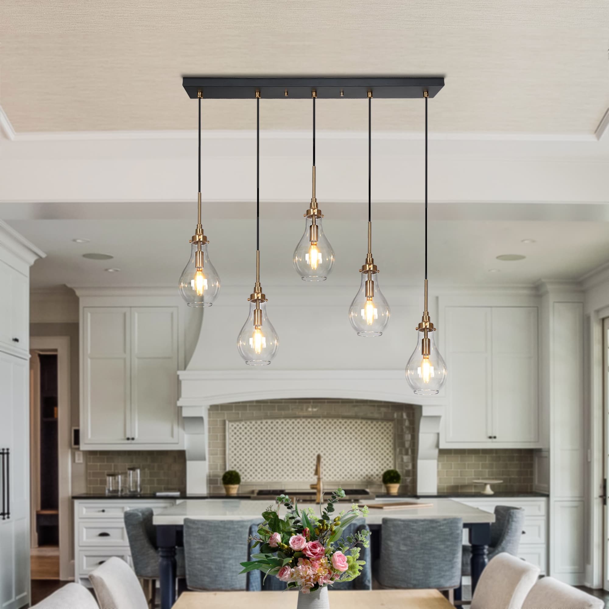 Synia Mid-century Modern Black Gold Linear Chandelier 5-Light Bar Cluster Kitchen Island Light Dining Room