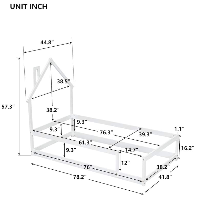 Toddler Floor Bed with Fences, House-shaped Headboard and Chimney, Twin Size No Slats Platform Bed for Kids Boys Girls